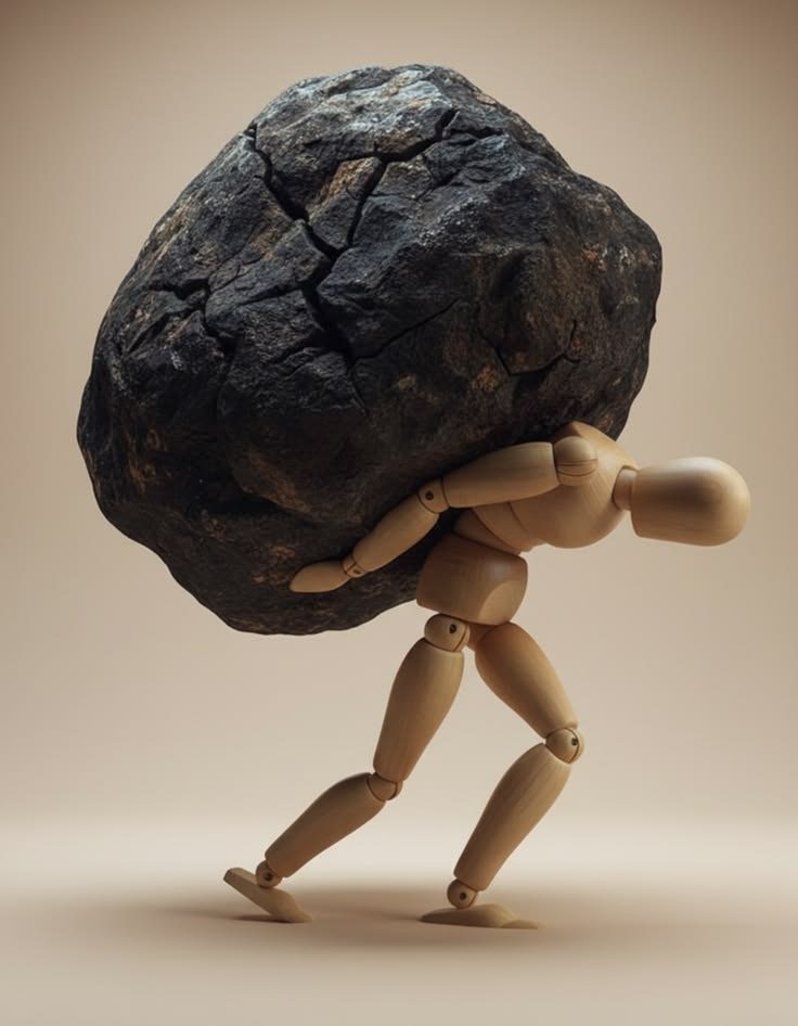 Wooden figure carrying a heavy stone on its back