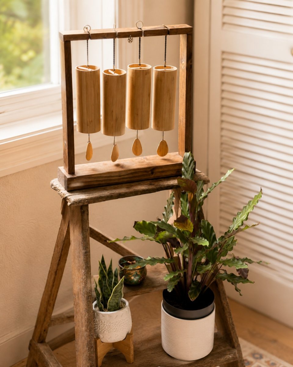 Wooden koshi-style chimes on a rustic stand beside potted plants in warm window light