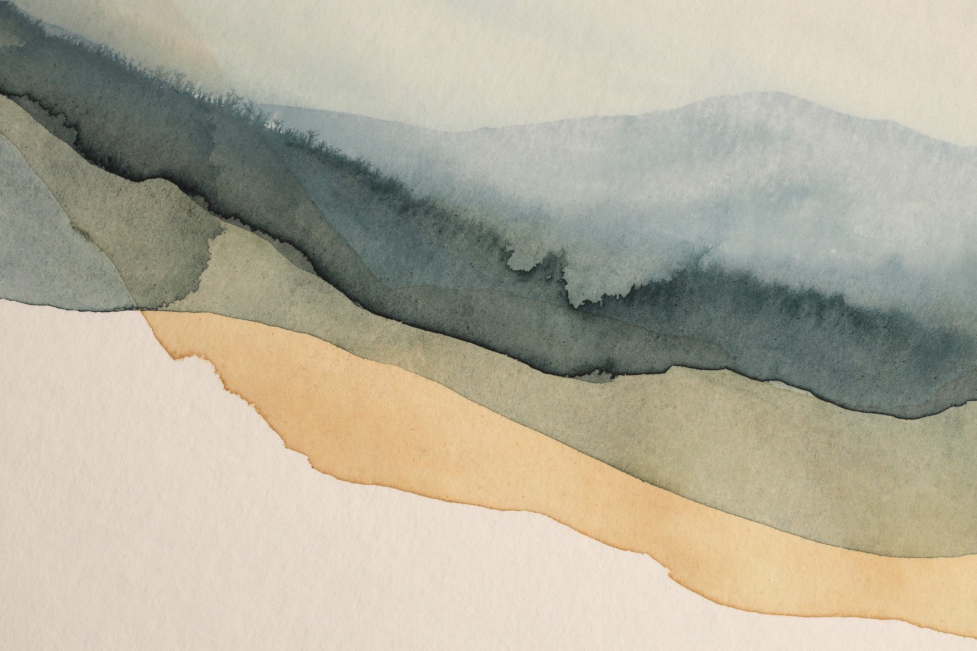 Watercolour landscape in soft blue-green and sand washes