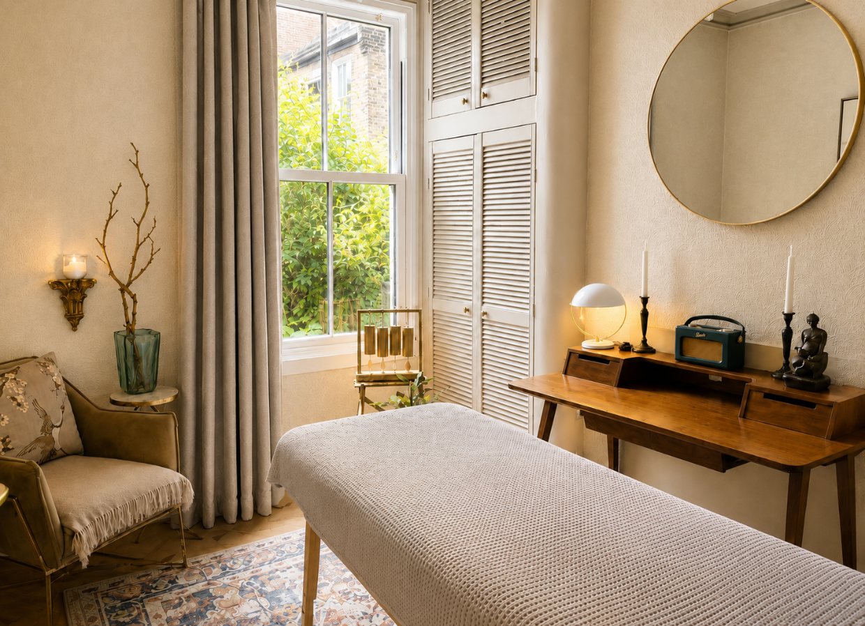 The treatment room — memory-foam table with a soft cover, warm lamplight, brass chimes, round mirror and armchair