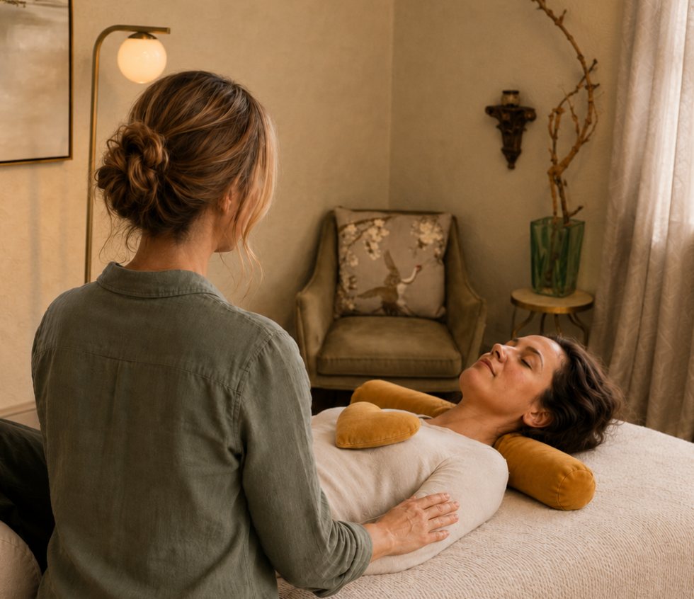 A NeuroAffective Touch session — client resting on the treatment table with warm bolster and heart-shaped pillow, therapist offering gentle supportive contact