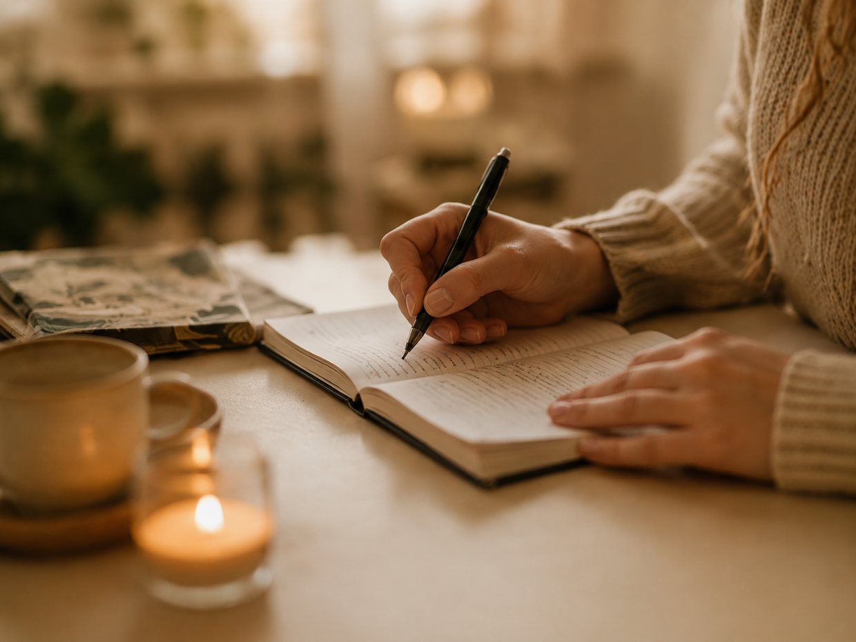 Writing in a journal beside a candle