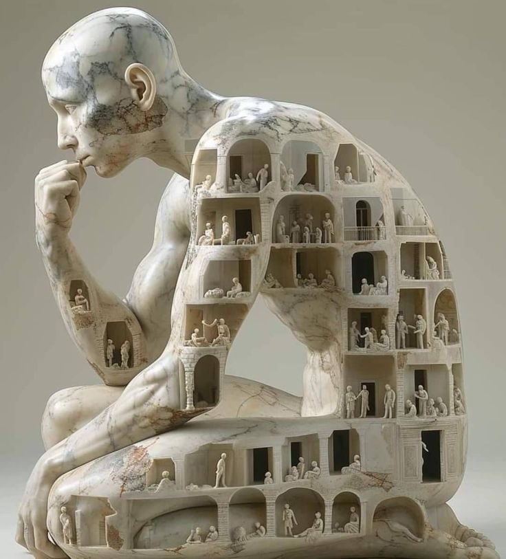 Sculpture of a thinking figure containing many small rooms and people