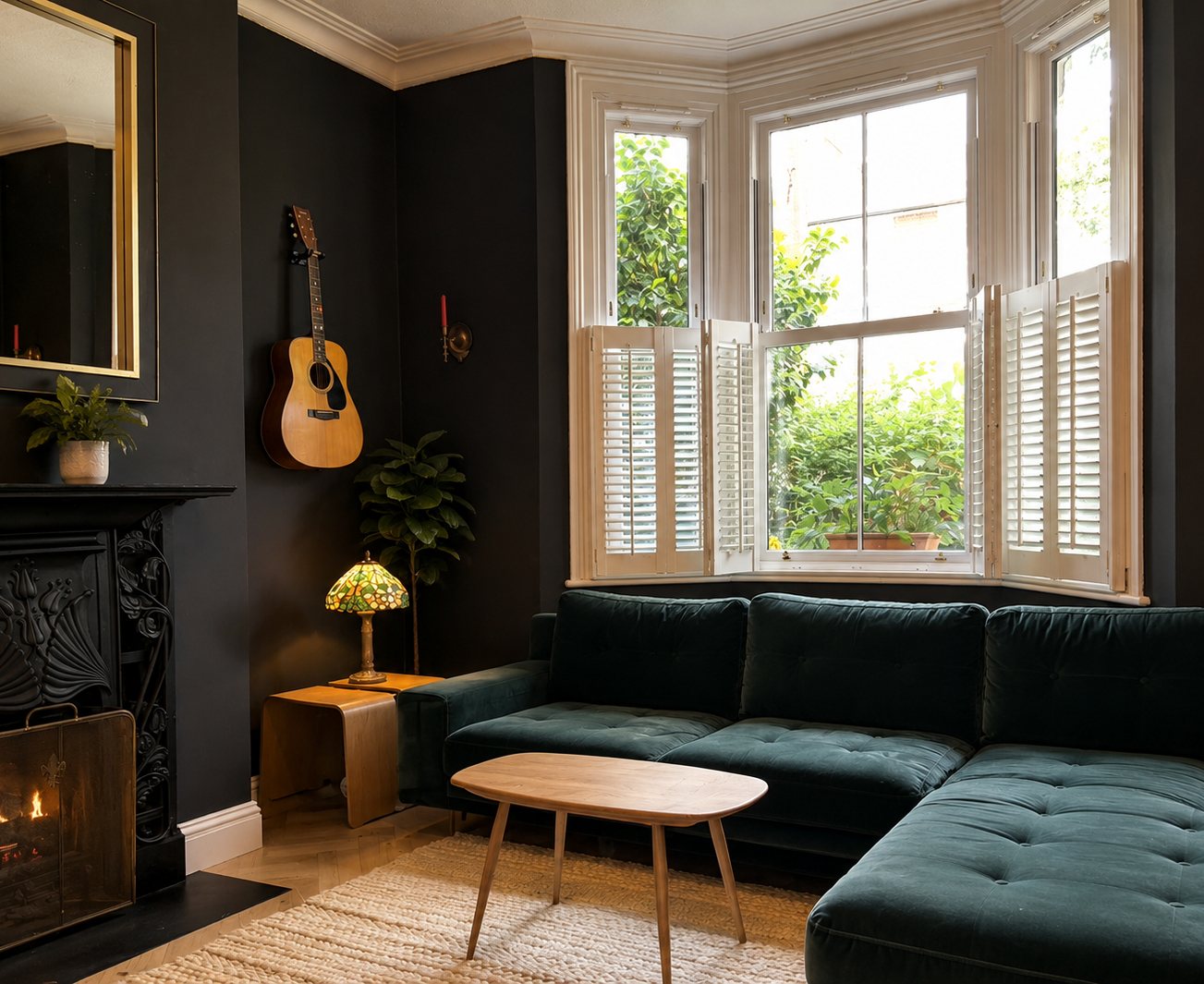 The Compassion Space therapy room — deep green velvet sofa, fireplace and warm lamplight